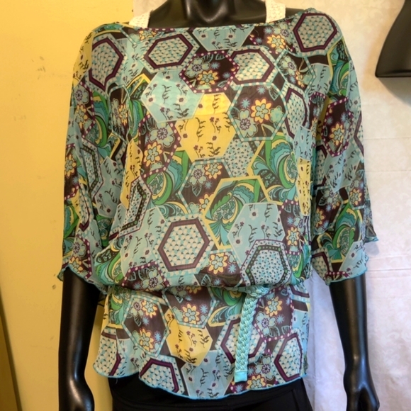 🗺️ Boho Printed Peasant Shirt Blouse w/ Braided Belt included Semi-Sheer, Small - Picture 3 of 10